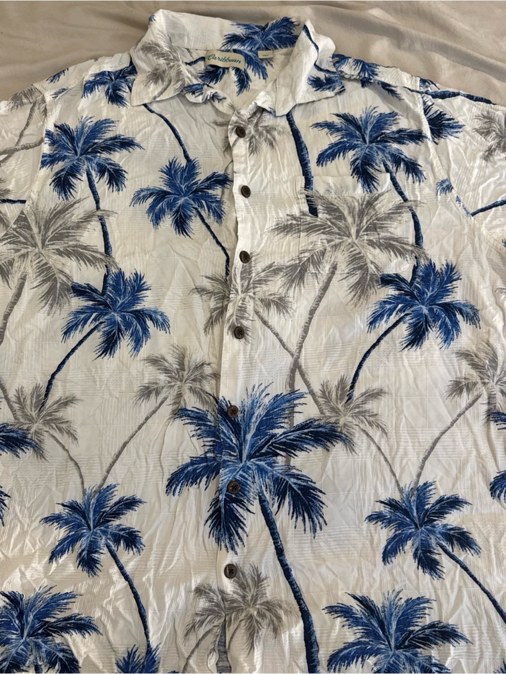 Caribbean White Button-Down Shirt with Blue & Gray Palm Print